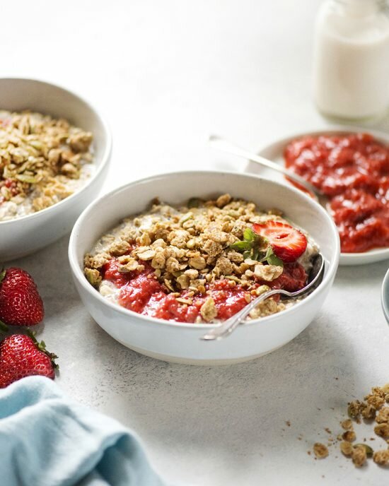 Strawberry-Rhubarb Overnight Oats with Easy Compote and Crumble Toppings | A Dash of Compassion