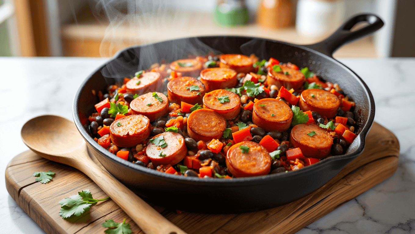 black bean kielbasa and tomatoes over rice in a white bowl