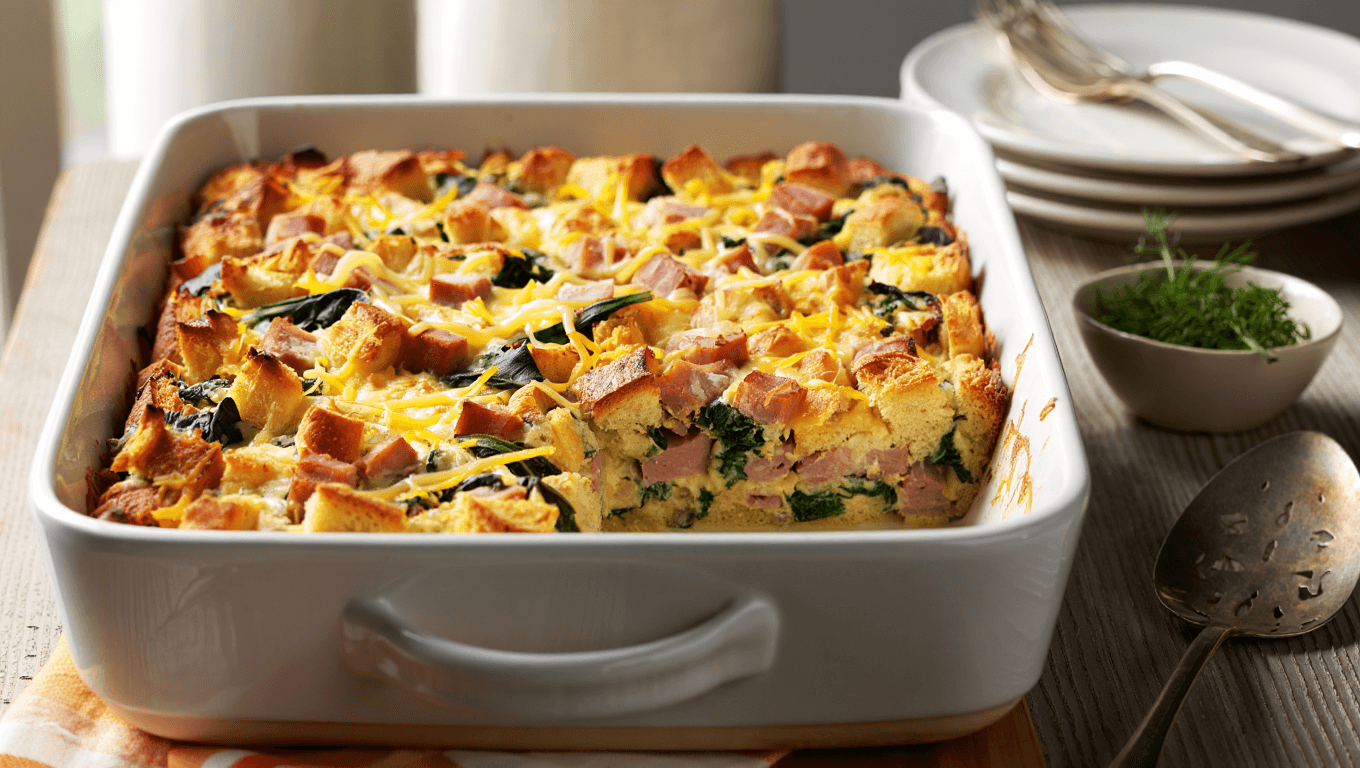 ham, egg, and cheese breakfast strata in white dish.