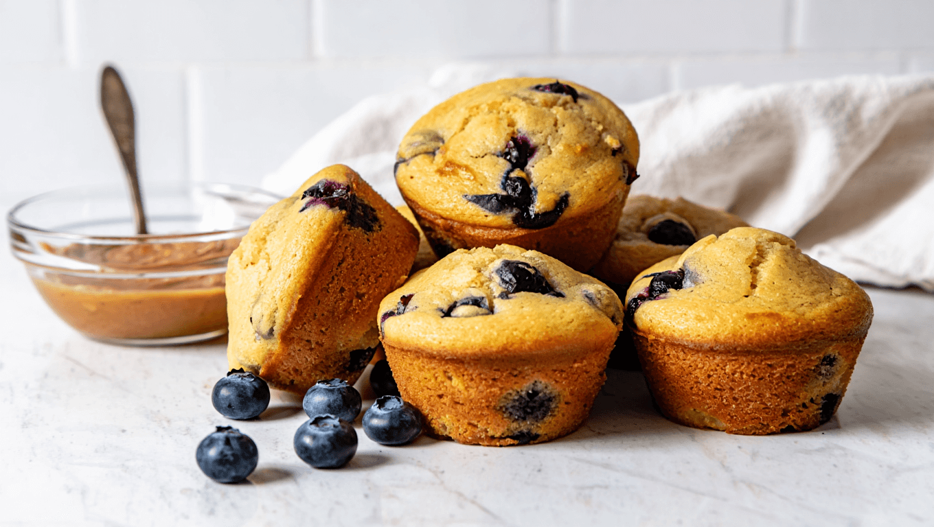 gluten free blueberry almond muffins with fresh blueberries and sliced almonds.