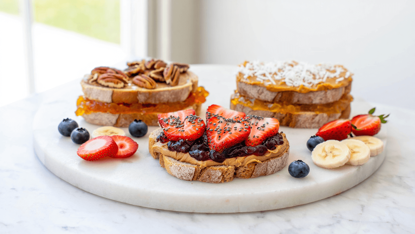 peanut butter toasts with toppins