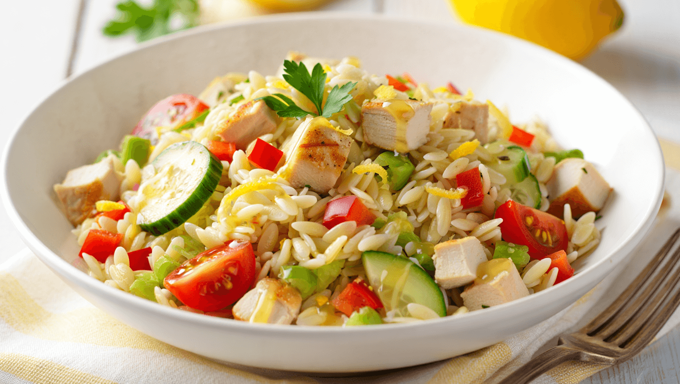 orzo salad in serving bowl