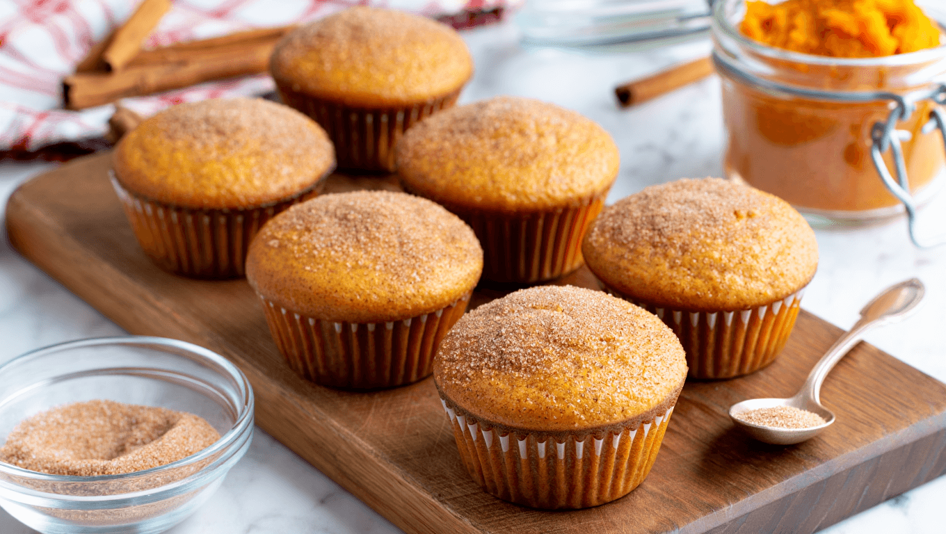 close-up showing inside of a mini pumpkin muffin.