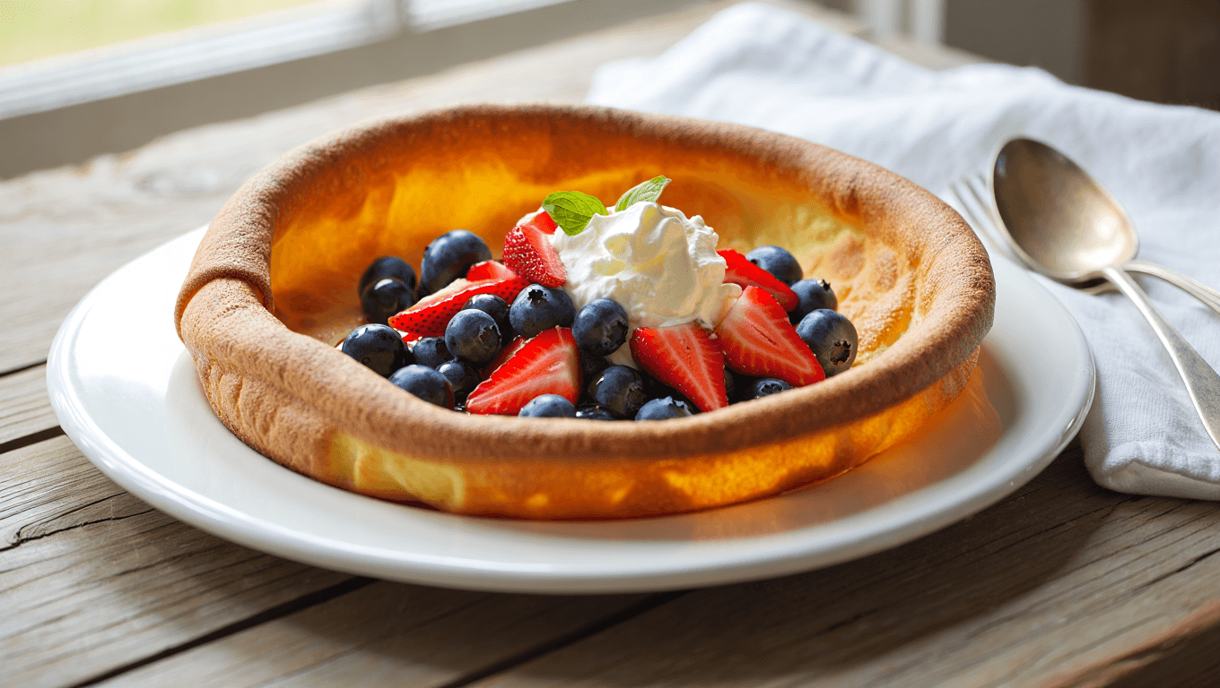 two dutch baby pancakes pictured in cast iron skillets, with one with berries and whipped cream and the other with smoked salmon and arugula.