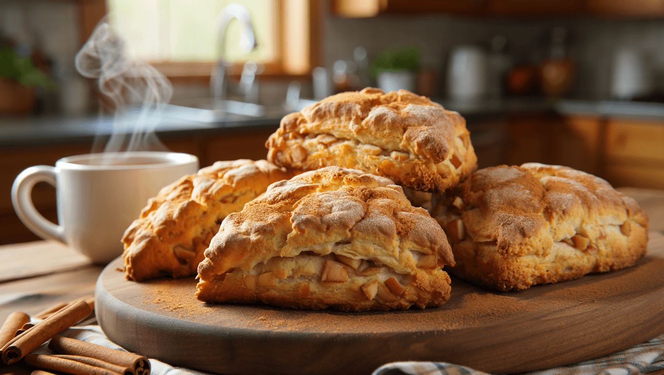 apple scones with caramel sauce drizzled on top.