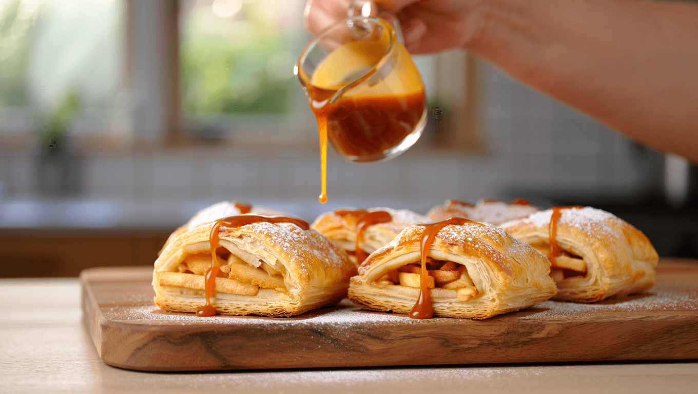 apple turnovers with caramel sauce on top in a diagonal line.