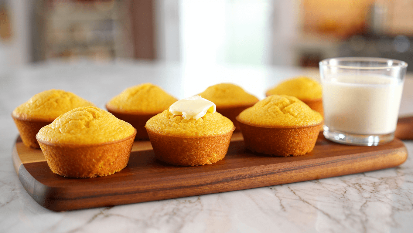 basket of cornbread muffins with beige striped linen.