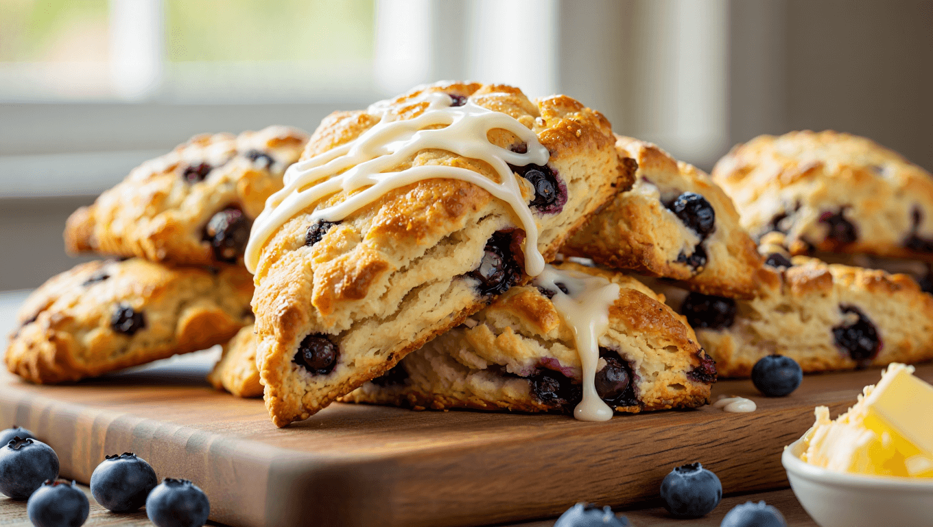 blueberry scones with icing on lined baking sheet.
