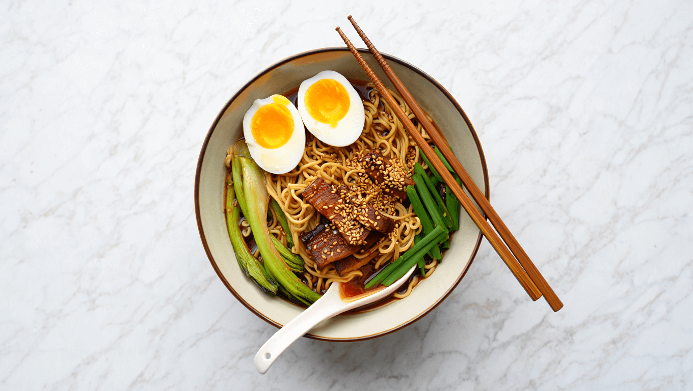 Seasoned ramen noodles in a pan with a fried egg