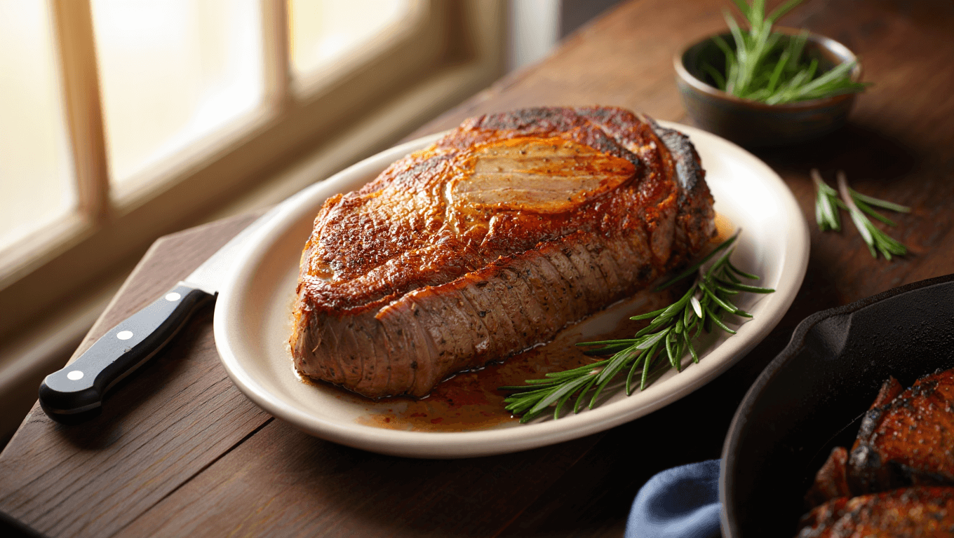 Sliced Tri Tip Steak in a cast iron pan