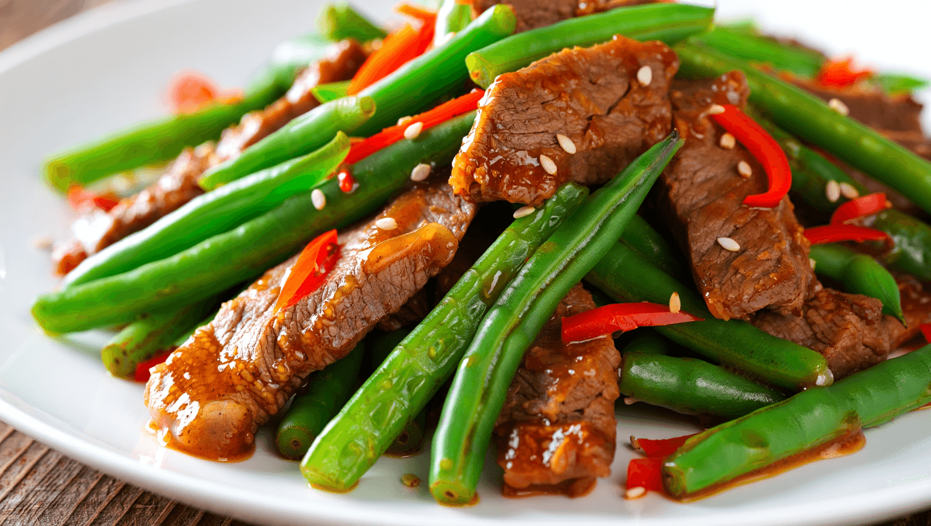 beef and green bean stir fry over rice in a blue bowl with chop sticks