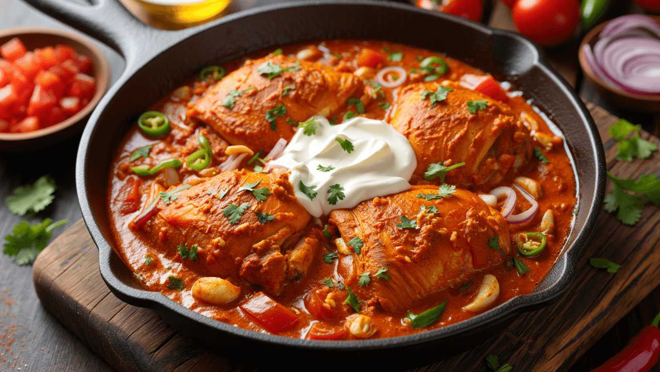 Butter chicken over rice with flatbread and broccoli, on a white plate