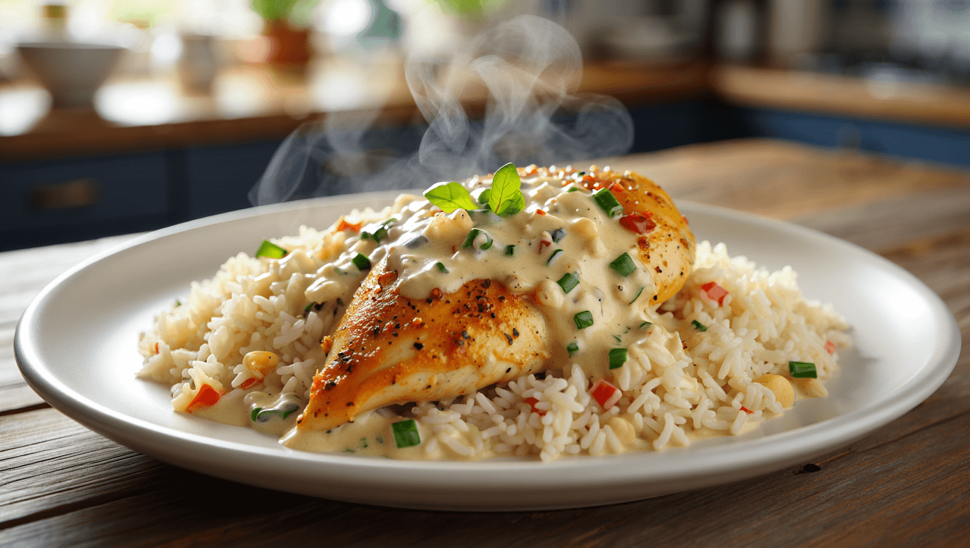 creamy sauce over chicken and rice on a plate with broccoli