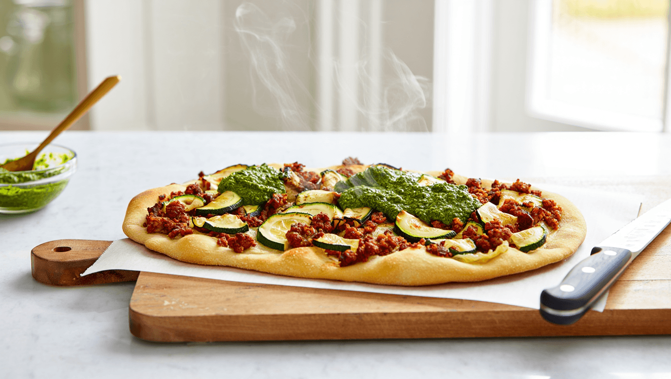 Italian sausage Pesto Flatbread Pizza from Our Best Bites