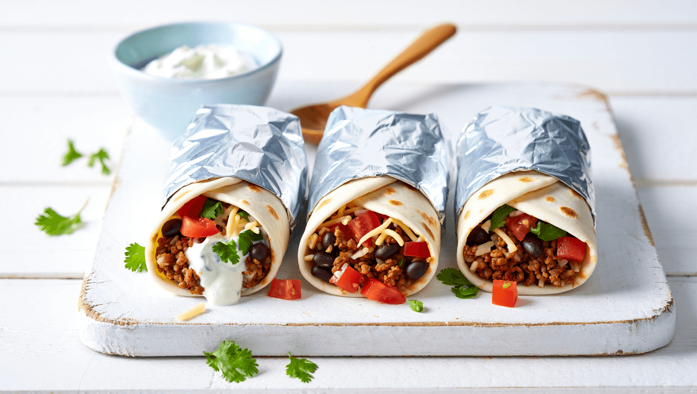 burrito on a white plate cut in half stuffed with bean, beef, and cheese.