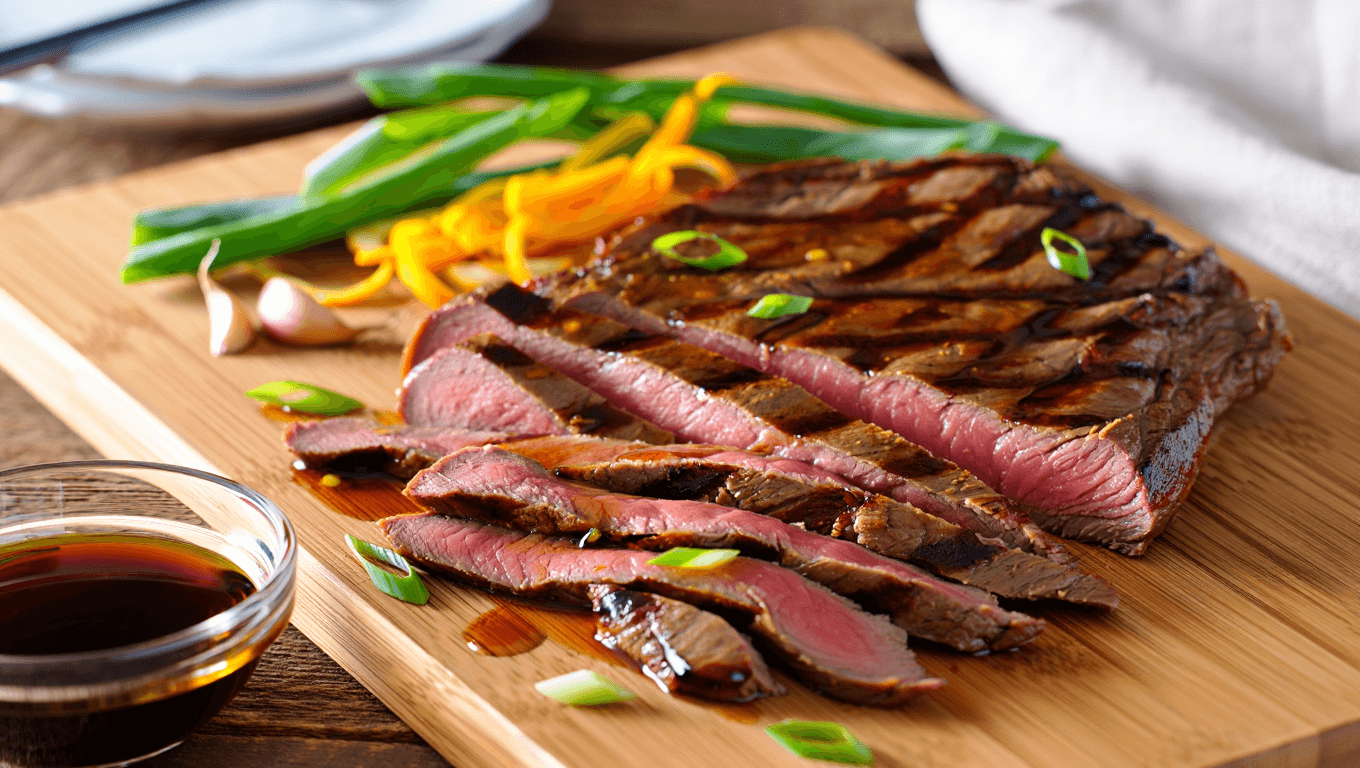 Sliced Ginger Soy Flank Steak on a plate with rice and cabbage