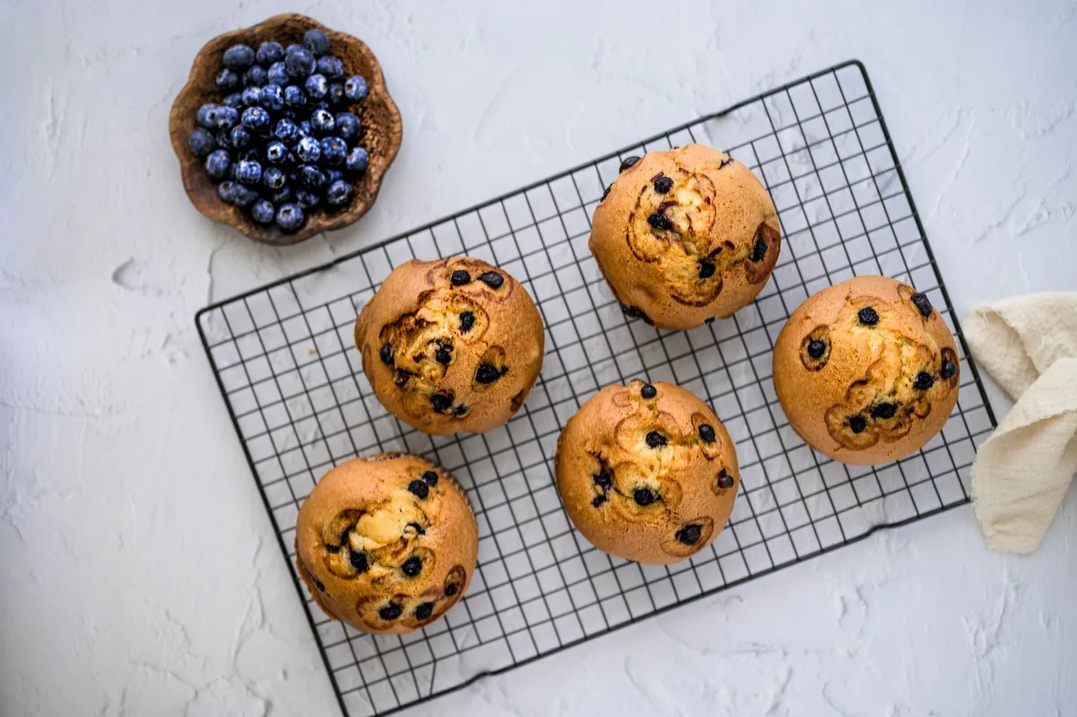 Mini chocolate chip muffins packed in a school lunchbox with fresh fruit and a water bottle