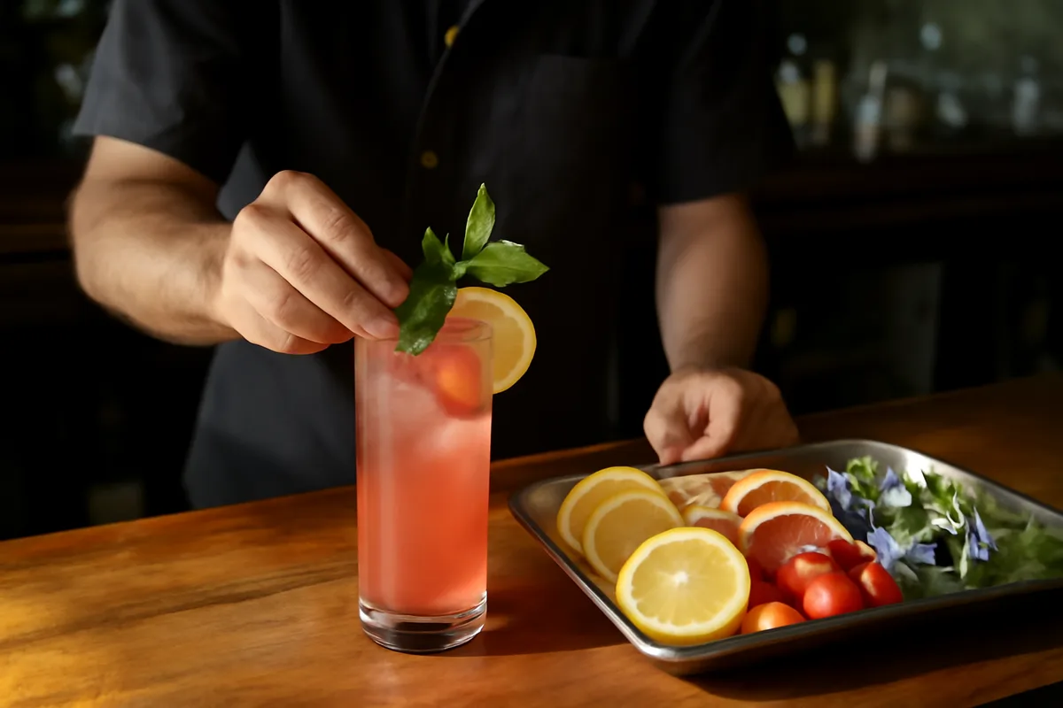 How should you prepare and assemble the cocktail? — Select and pre-chill a Collins glass before you start. Prepare a garnish tray with lemon and orange wheel slices, thin strawberry slices and mint sprigs. When flowers such as borage are in