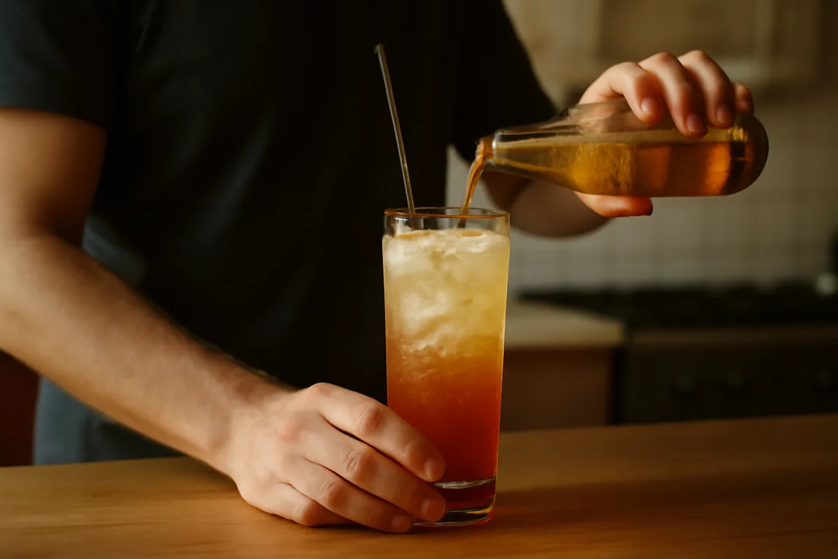 Mixing steps — Fill the chilled Collins glass with fresh ice. Pour 60 ml rosé vermouth and 15 ml lemon juice over the ice. Top with approximately 150 ml ginger ale and stir gently once to integrate.