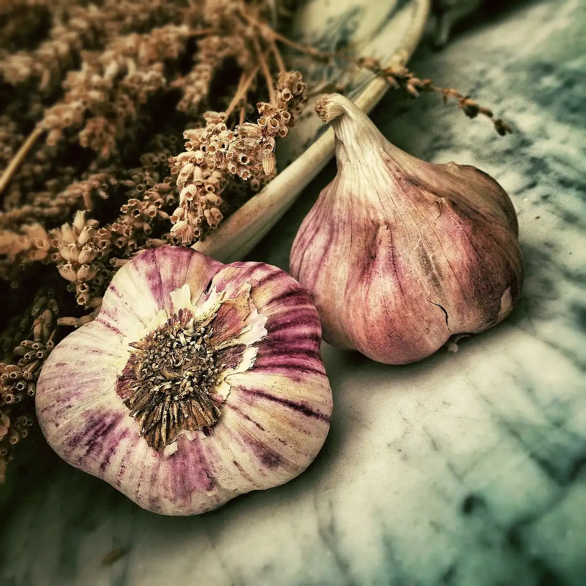 Pantry ingredients for brisket: onions, garlic, spices and sauce components