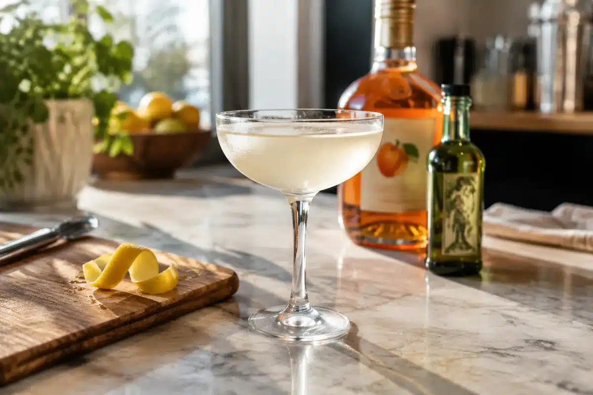 How a dash of absinthe and crème de pêche elevates a subtle vodkatini cocktail recipe