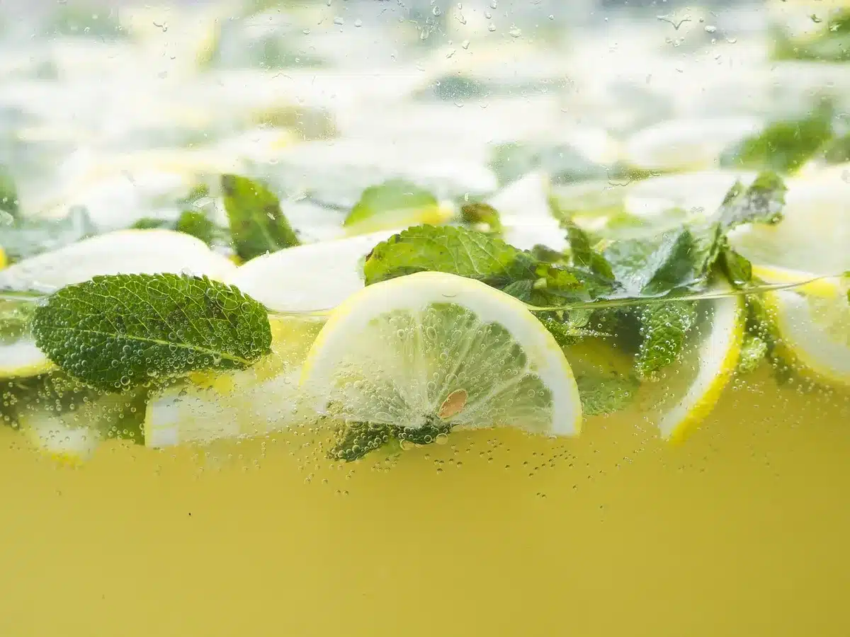 Gin bottle, fresh lemon and small measuring jigger on a kitchen counter